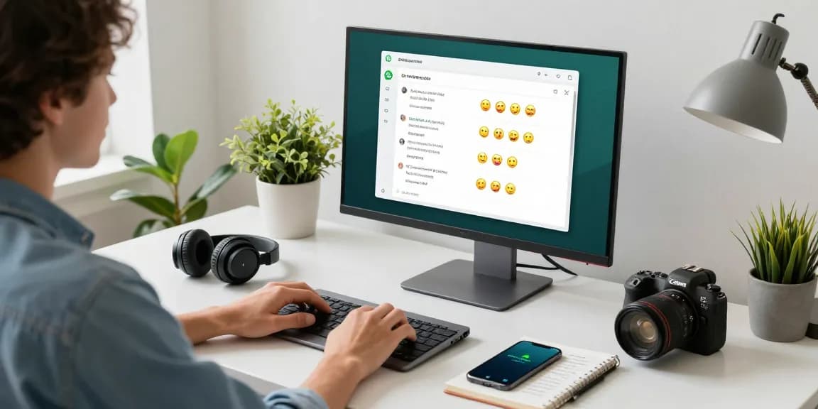 Using WhatsApp電腦版 on a sleek home office desk with productivity items.