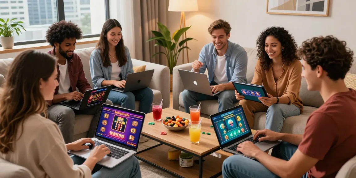Diverse friends enjoying online casino games together, showcasing the best online casinos atmosphere with snacks and modern technology.