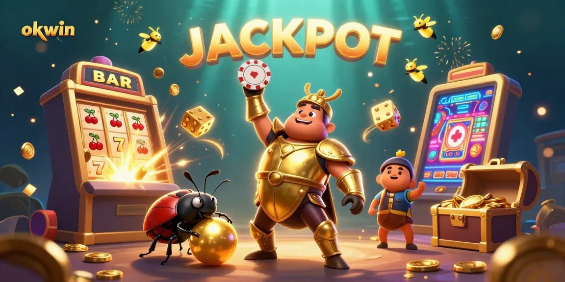 Engage with okwin's thrilling 3D jackpot illustration showcasing exciting casino elements and characters.