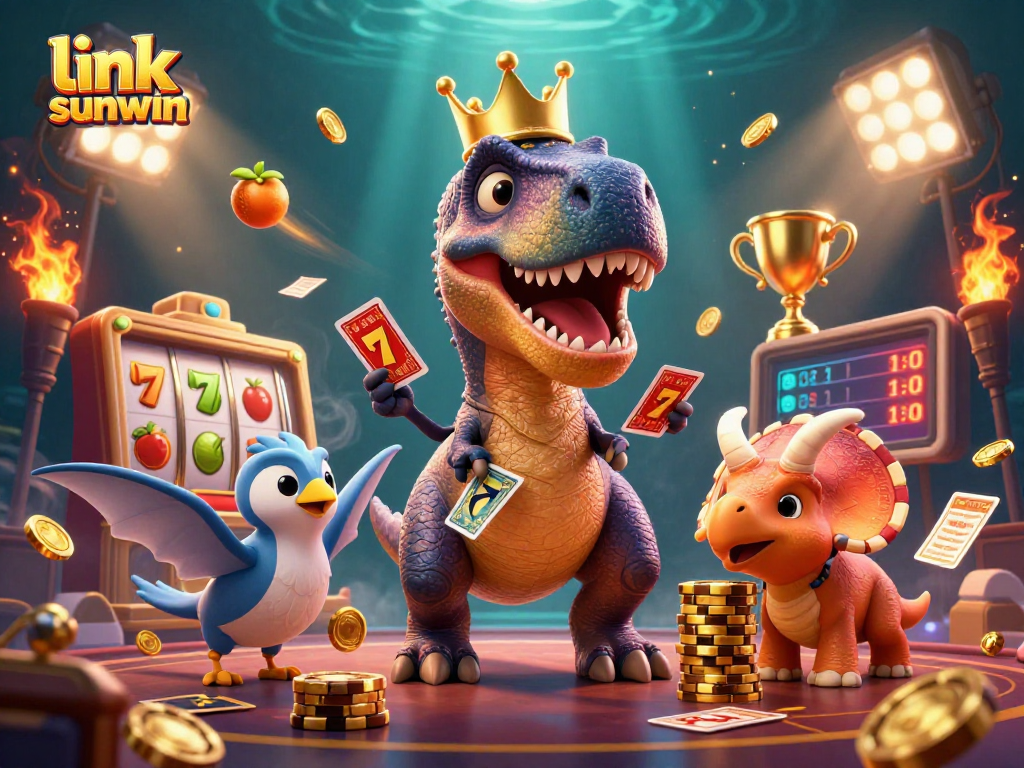 Experience excitement like with link sunwin in an engaging casino scene featuring cartoon dinosaurs and rich details.