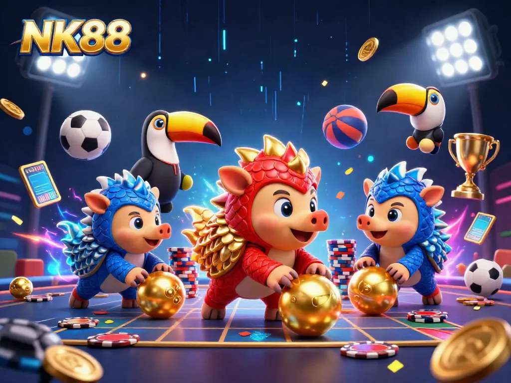 Experience thrilling betting action with NK88, where rival pangolins compete amid vibrant casino elements.