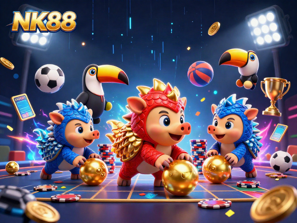 Experience thrilling betting action with NK88, where rival pangolins compete amid vibrant casino elements.