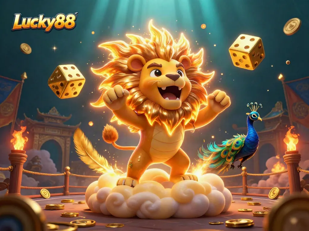 Play exciting games at Lucky88 with dynamic visuals featuring dice and vibrant casino elements.