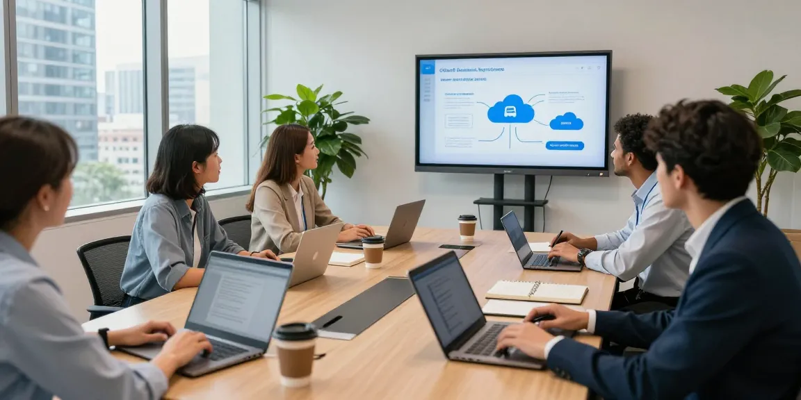 Collaboration around a conference table showcasing a cloud business phone system integration in a modern office.