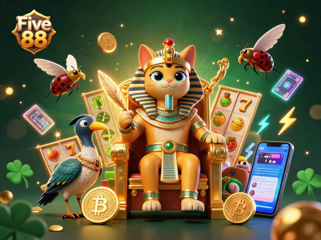 Engage with Five 88's vibrant gaming world showcasing a pharaoh cat, slot reels, and crypto coins.