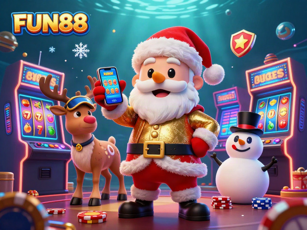 Spin the reels with FUN88 in this festive casino illustration featuring Santa, a reindeer dealer, and a poker chip snowman.
