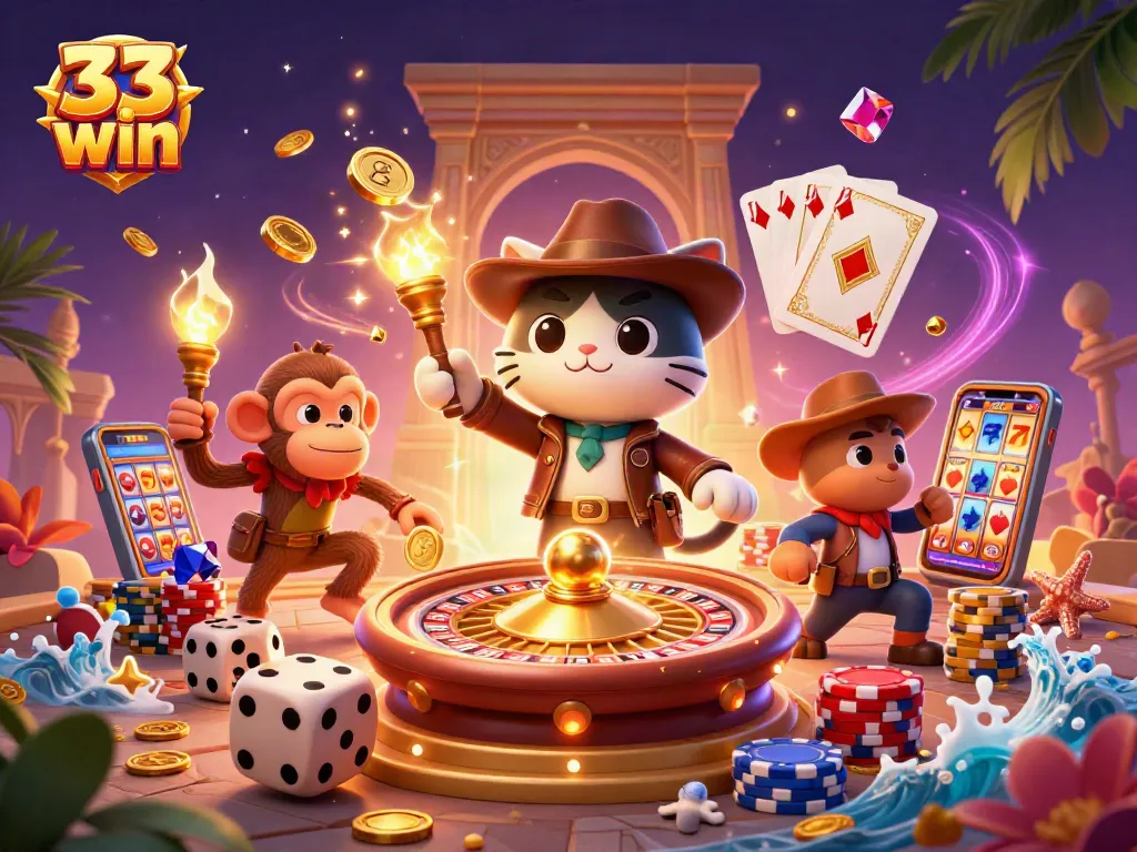 Experience thrilling wins at 33 win with a captivating 3D casino adventure featuring lucky symbols and vibrant colors.