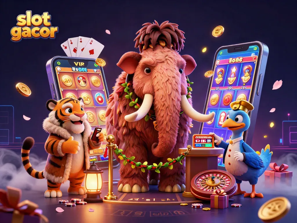 Engage with exciting slot gacor games and vibrant casino elements in a rich 3D illustration.