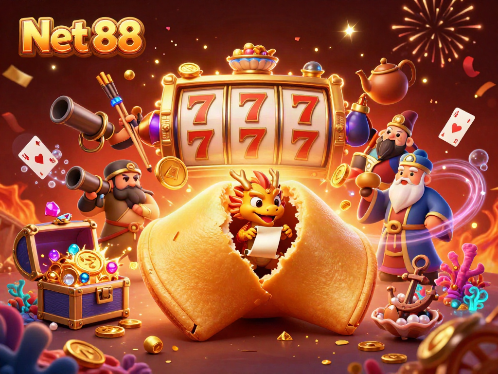 Enhance your betting experience with Net 88, showcasing a golden fortune cookie and dynamic gaming elements.