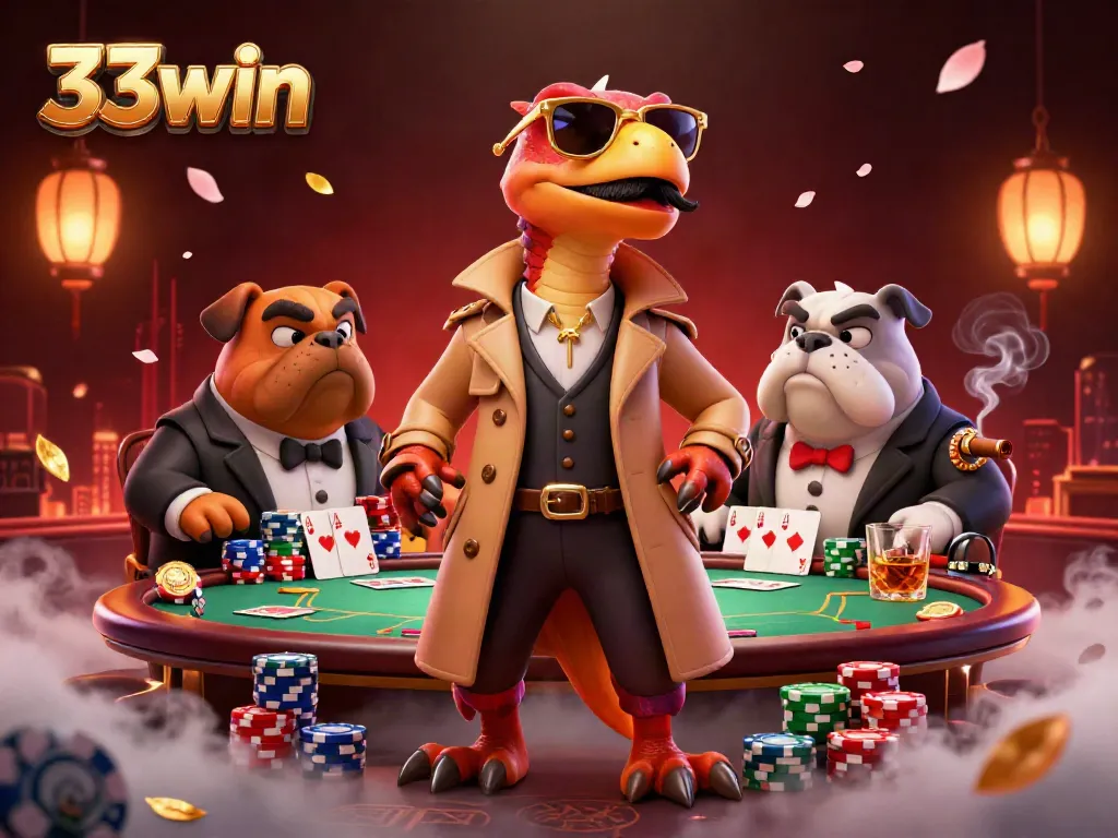 Engage in thrilling poker action at 33win with raptors in disguise at a VIP casino lounge.