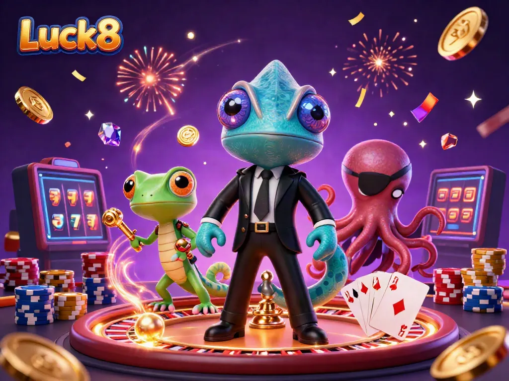 Experience thrilling betting action with Luck8 in this colorful casino scene featuring dynamic characters and game elements.