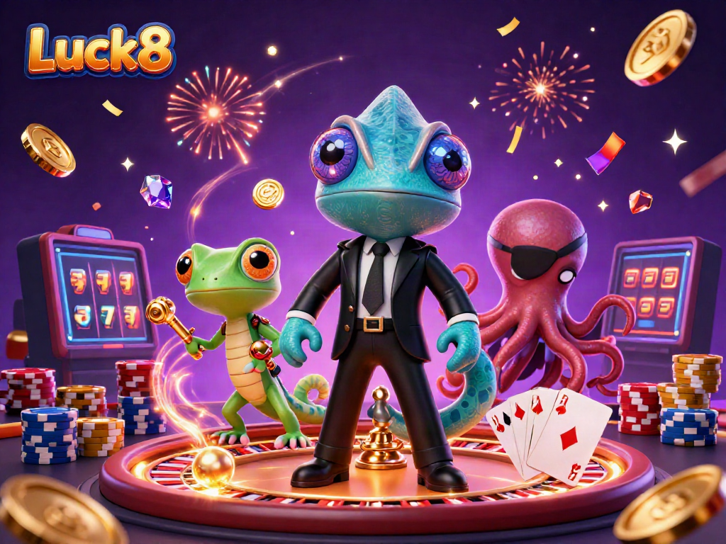 Experience thrilling betting action with Luck8 in this colorful casino scene featuring dynamic characters and game elements.