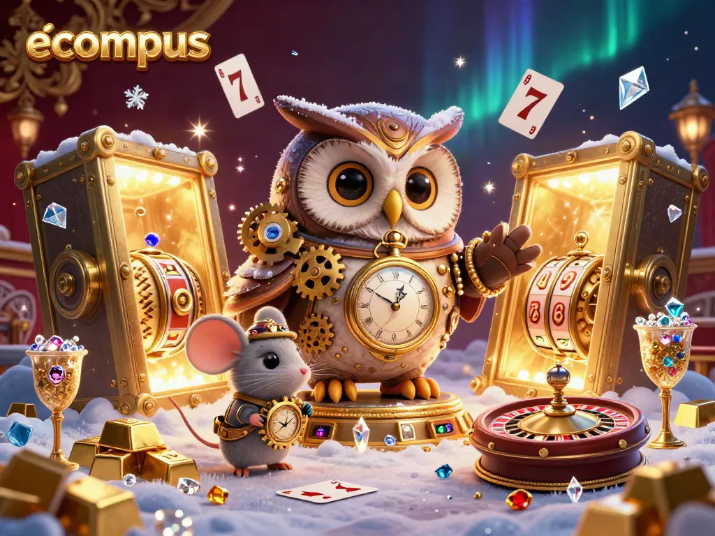 Experience ecompus with a vibrant 3D casino scene featuring a time-traveling owl, golden treasures, and slot reels.