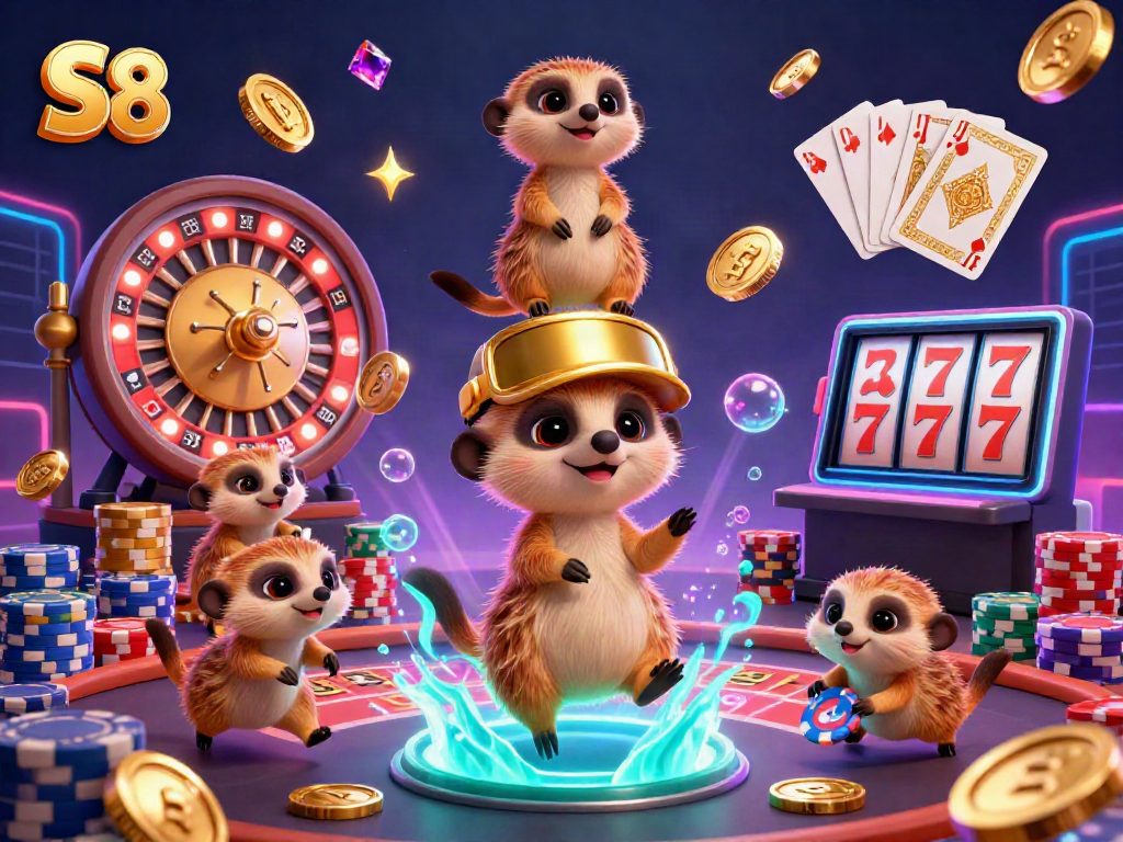 S8 casino scene with playful meerkats engaged in gaming, showcasing vibrant slot reels, roulette, and poker elements.