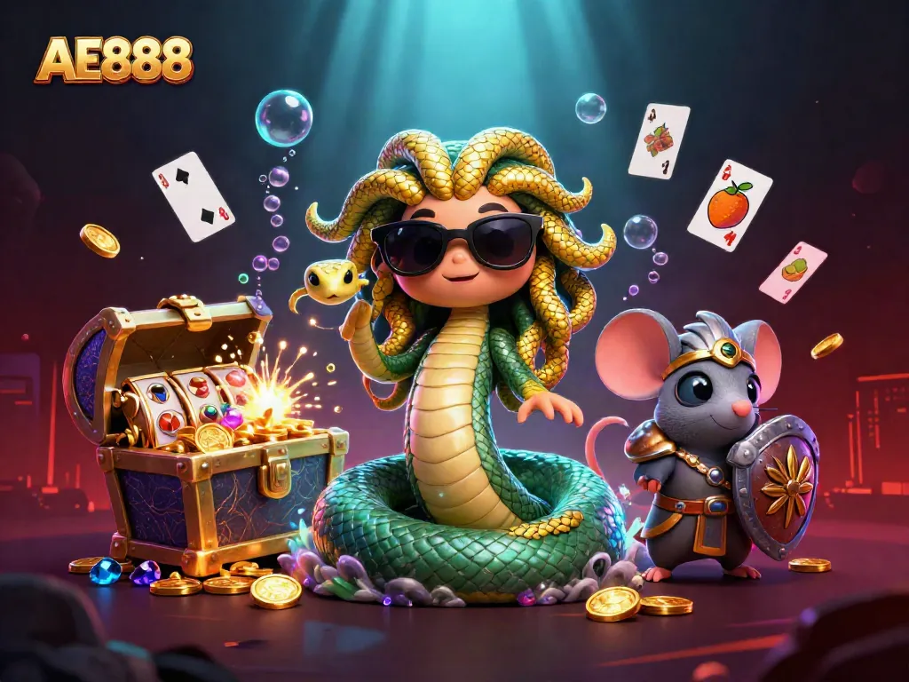 Experience the thrill of AE888 with Medusa and a warrior mouse in a vibrant casino-themed underwater scene.
