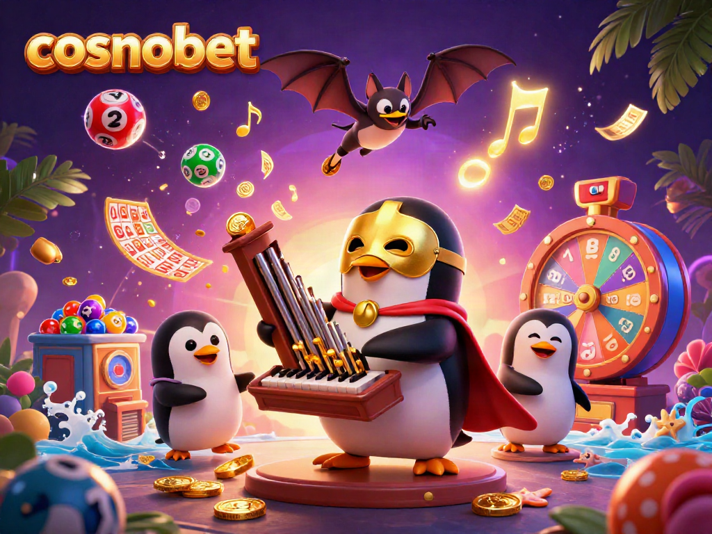 Experience cosmobet's vibrant gaming world featuring exciting lottery elements and a playful penguin.