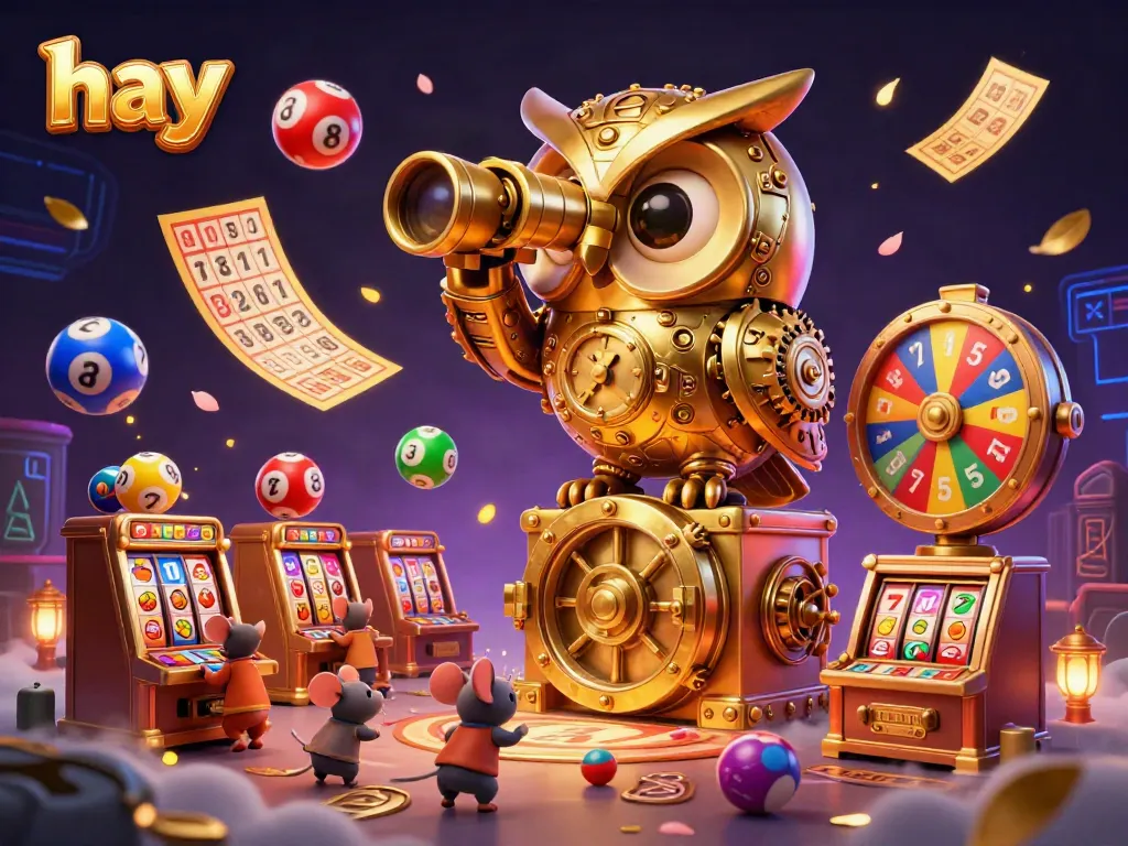 Engage with thrilling gaming at hay, featuring dynamic lottery elements and a whimsical golden owl overseeing the action.