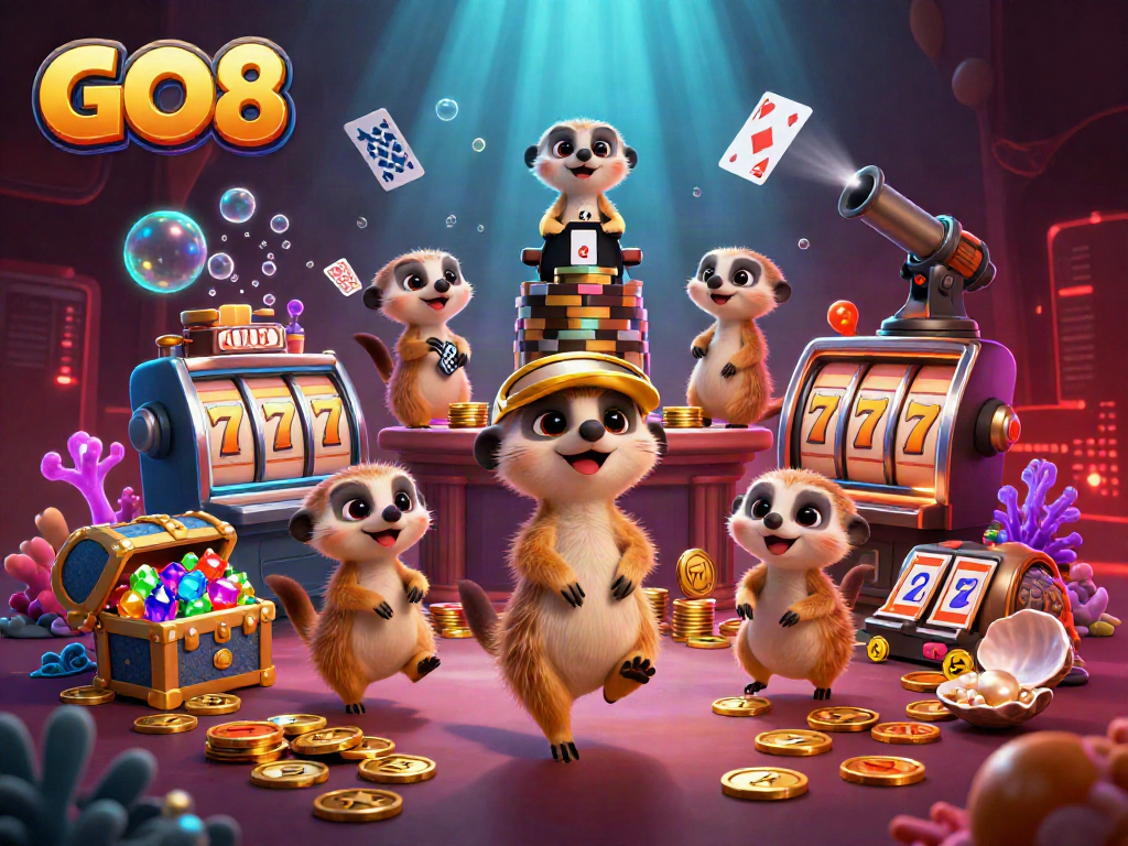 GO8 meerkats managing an exciting casino scene filled with colorful game elements and treasure.