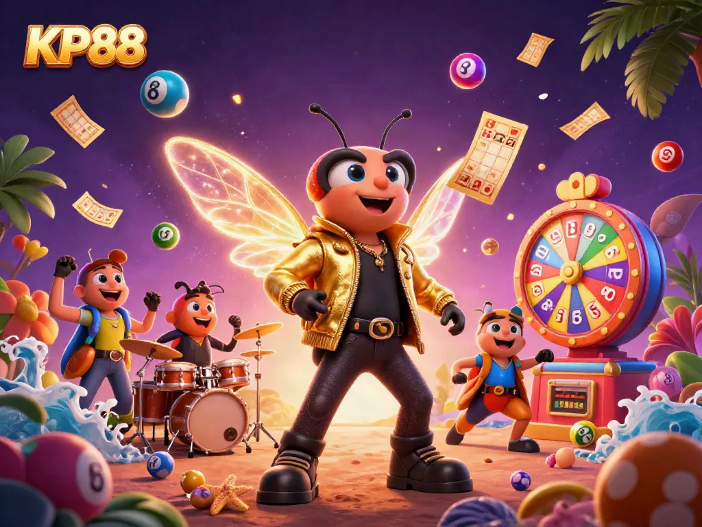 Win with KP88's vibrant lottery-themed casino illustration featuring dynamic game elements.