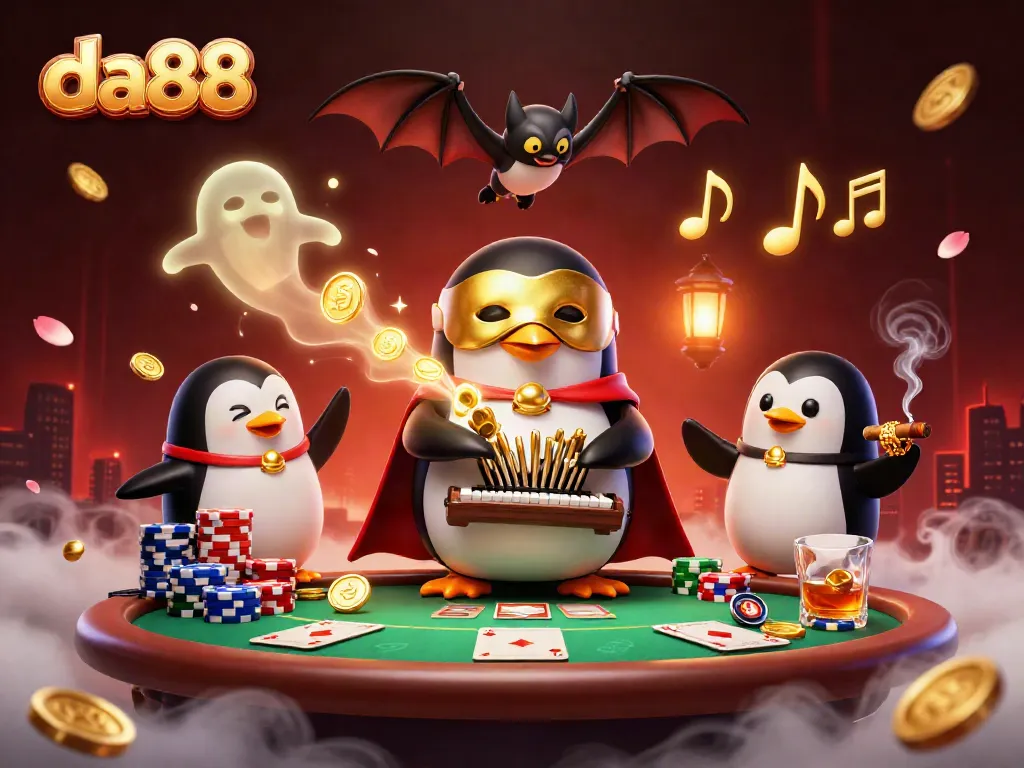 da88 players enjoying thrilling poker games with a cartoon penguin and golden coins in a lively casino scene.