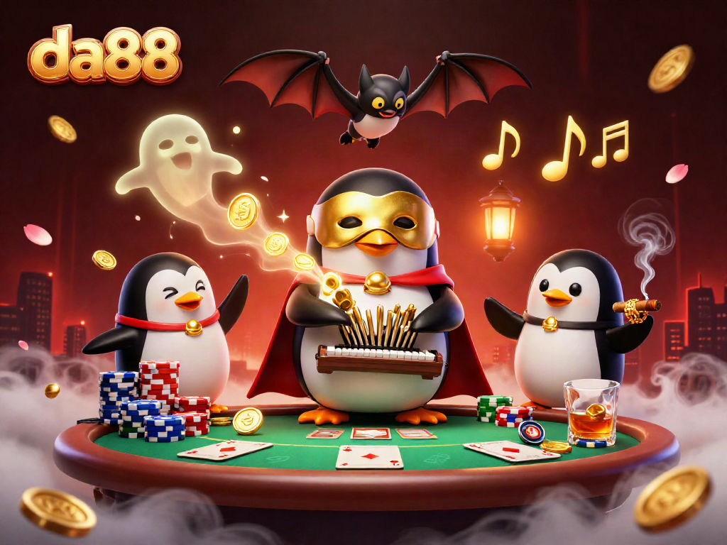 da88 players enjoying thrilling poker games with a cartoon penguin and golden coins in a lively casino scene.