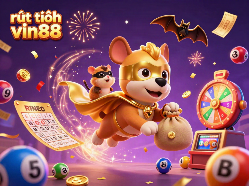 Engaging illustration of rút tiền vin88 showcasing a superhero dog flying with gold coins amidst a vibrant casino theme.