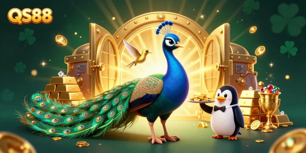 Experience the excitement of QS88 with a vibrant 3D scene featuring a peacock and penguin amidst a golden treasure vault.