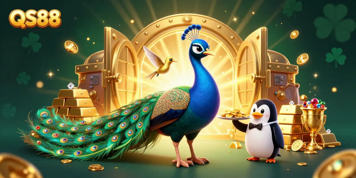 Experience the excitement of QS88 with a vibrant 3D scene featuring a peacock and penguin amidst a golden treasure vault.