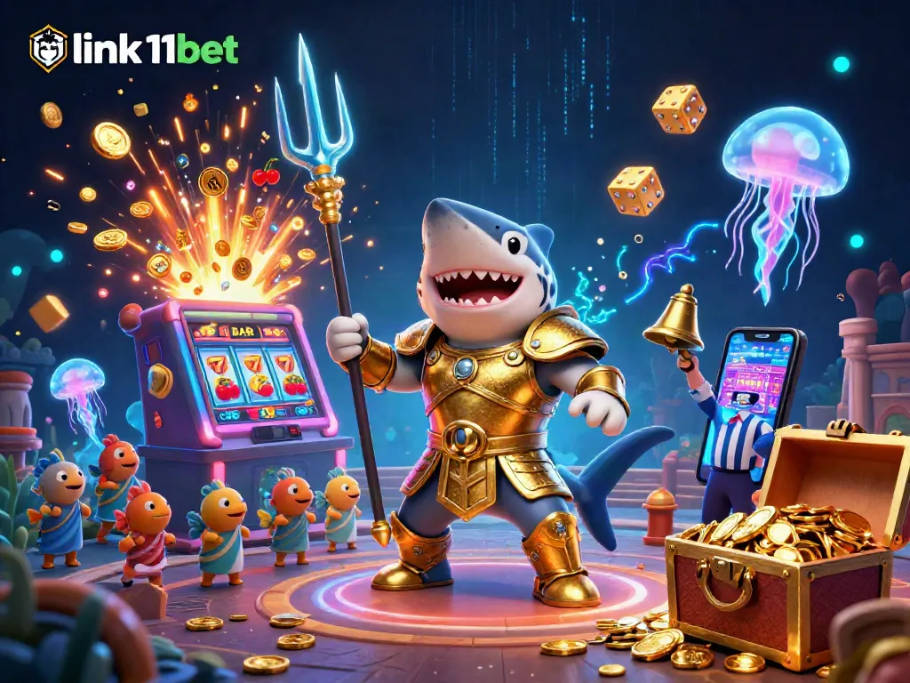 Experience the excitement at link 11bet with this vibrant, dynamic casino-themed illustration filled with action.