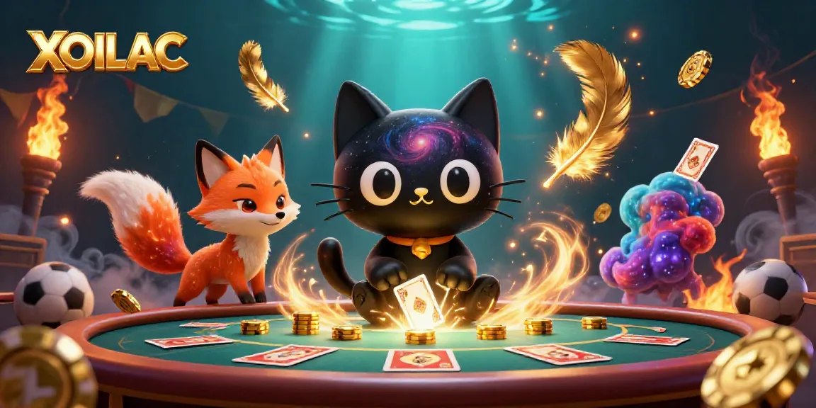 Experience the thrill of gaming with XOILAC as the black hole cat magnetizes golden casino chips and cards.