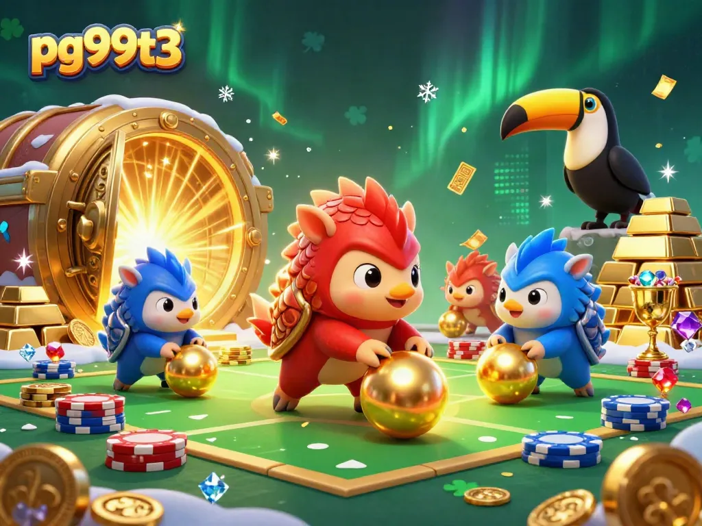 Engaging scene at pg99t3 with rival pangolins bowling poker chips while a toucan referee observes