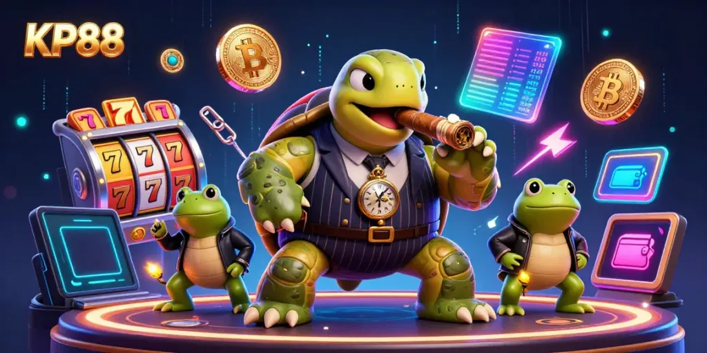 Experience exciting KP88 casino action with a vibrant scene featuring a snapping turtle and bullfrogs surrounded by slot machines and cryptocurrencies.