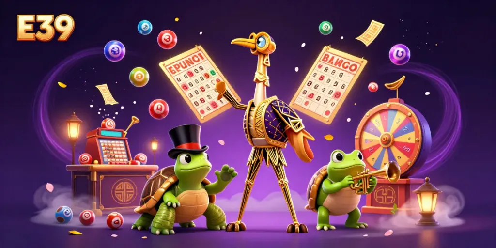 E39 showcases an engaging illustration of a vibrant casino atmosphere with animated characters and colorful game elements.