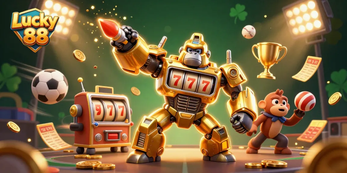 Experience excitement with Lucky 88 as the golden gorilla mech dominates the casino-themed scene.