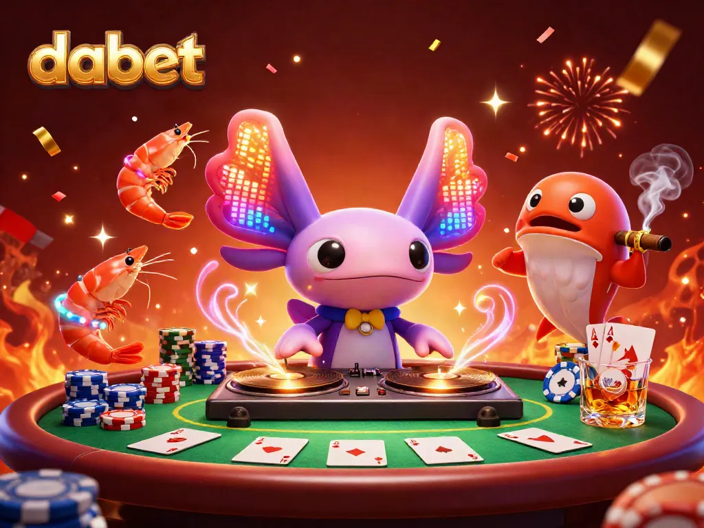 Spin the slots and win with dabet's vibrant 3D illustration of a casino party scene.