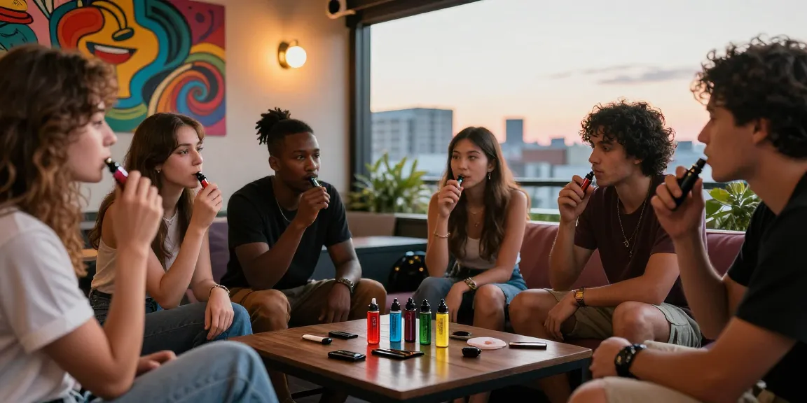 Friends enjoying thc vapes in a vibrant urban lounge with accessories on the table.