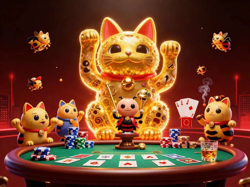 Experience excitement at hit-club with a vibrant golden lucky cat and poker action!
