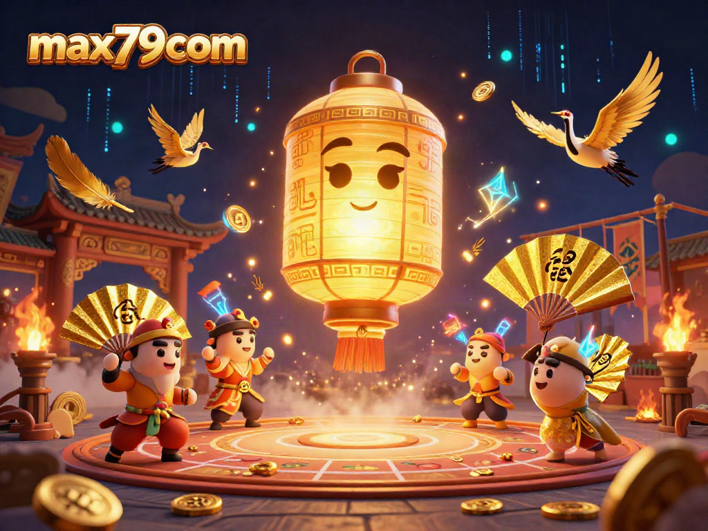 Max79com captures excitement with a vibrant 3D casino scene featuring golden lanterns and warriors.