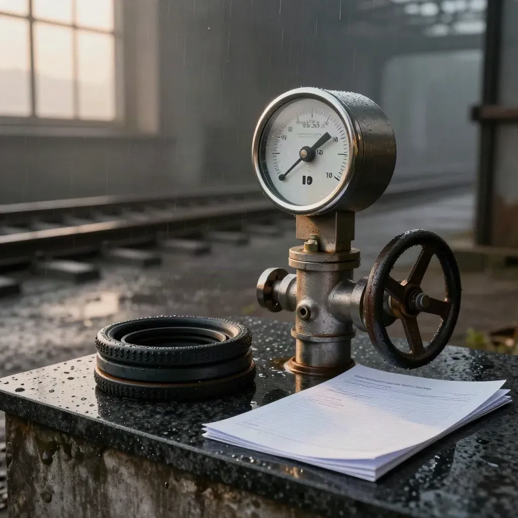 Brushed-steel meter, valve wheel, gasket rings and audit folio on basalt in dawn mist.