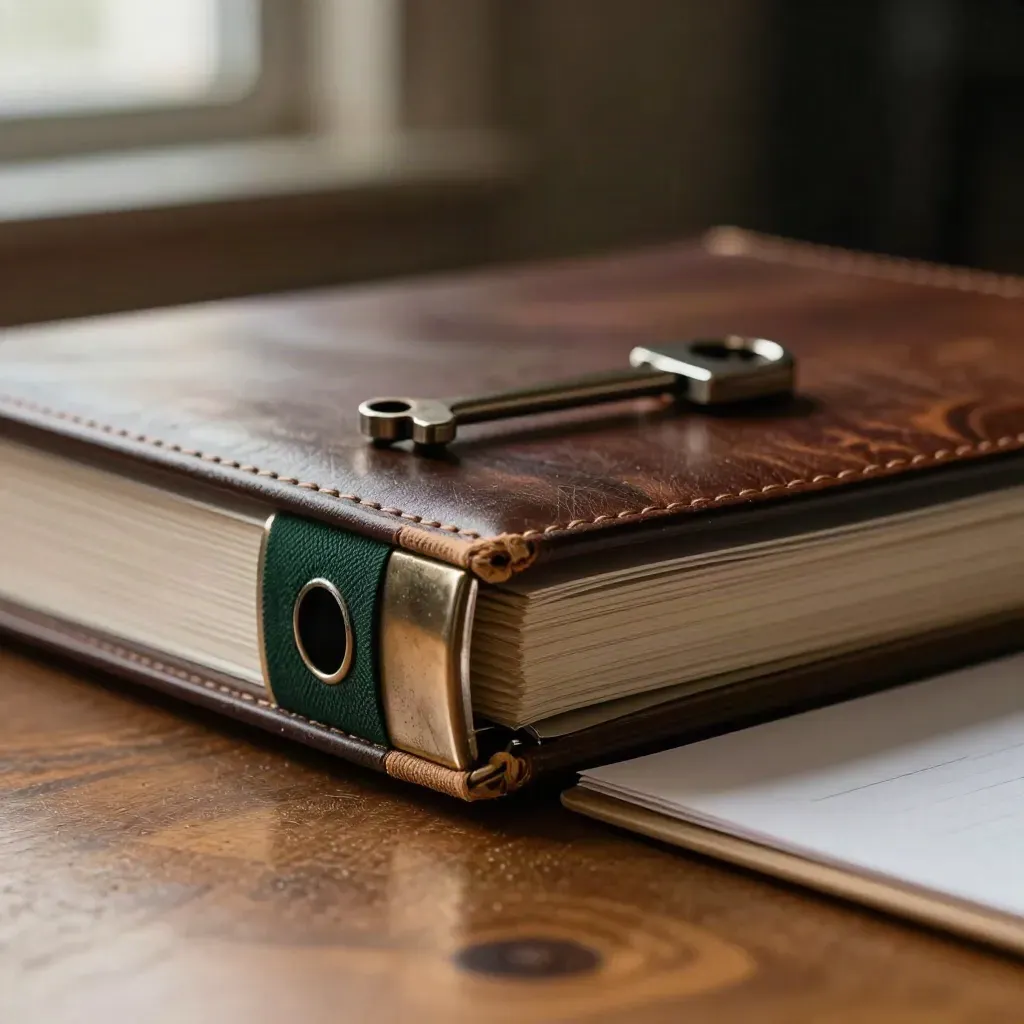 Macro of a closed audit binder, worn metal clip and clipboard edge on a warm oak desk.