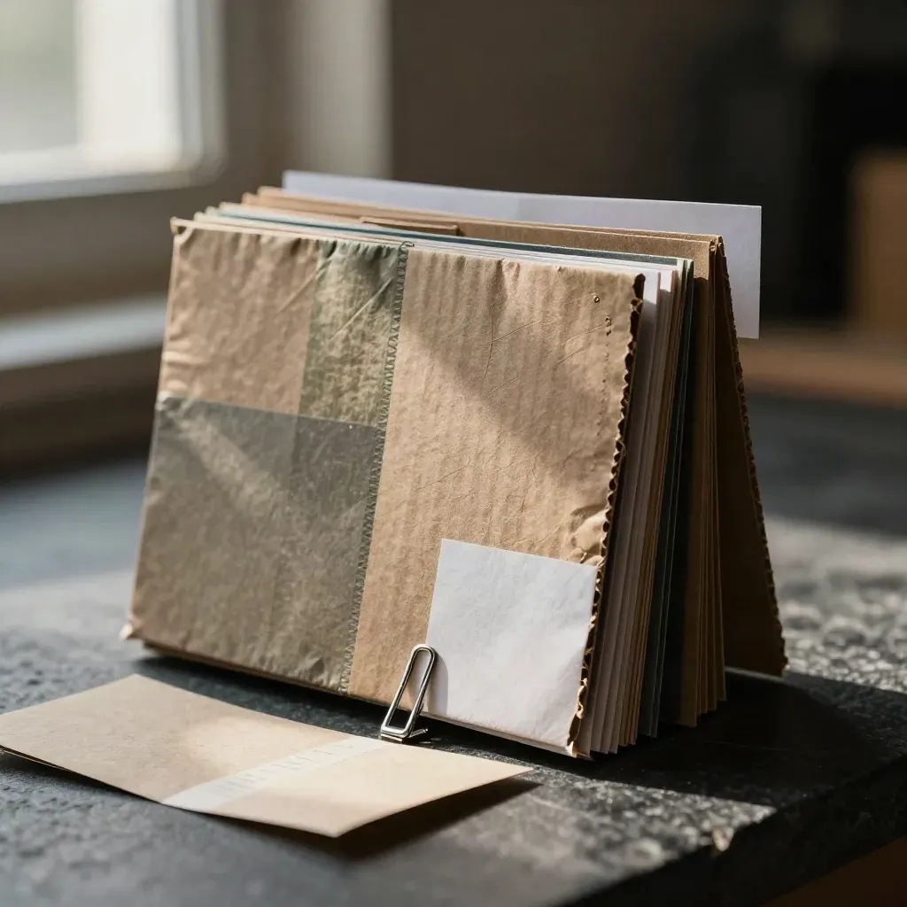 Courier sleeves and sample pack clipped on dark stone in dramatic studio light.