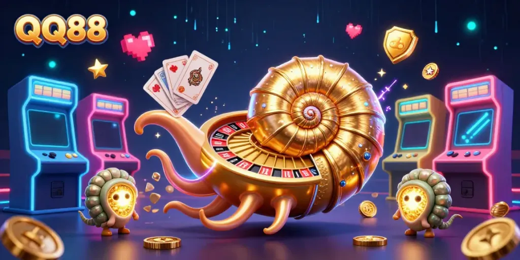 Engage with thrilling casino action in QQ88's vibrant 3D illustration featuring unique game elements.