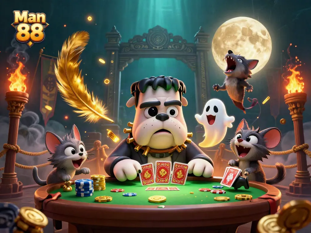 Engage with Man 88 as a chilling 3D scene featuring a Frankenstein bulldog dealing cards amid ghostly effects.