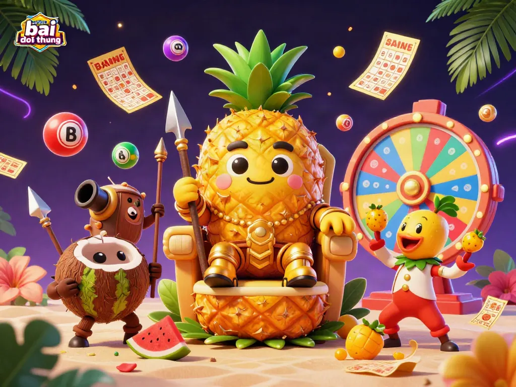 Engage with game bai doi thuong through an exciting scene featuring a golden pineapple king, coconut bodyguards, and lottery elements in a vibrant casino.