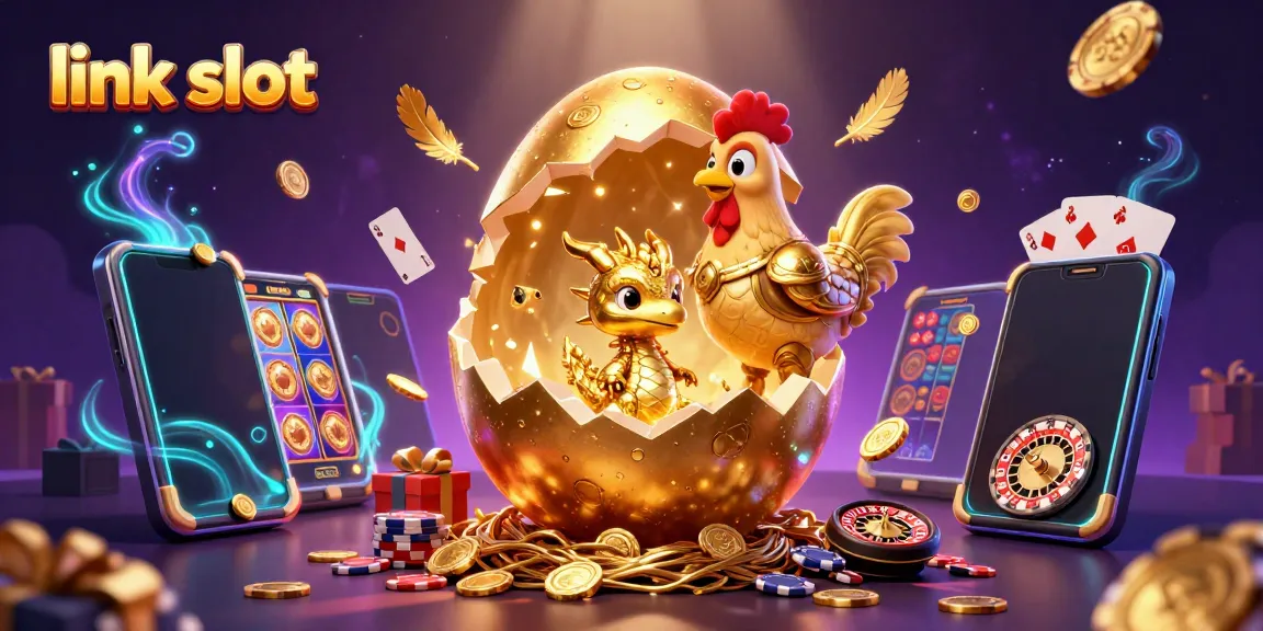 Discover the excitement of link slot with a golden dragon and casino game elements in a dynamic 3D scene.