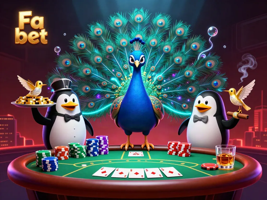 Fa bet showcases thrilling casino action with a dazzling peacock, bustling betting scene, and vibrant visuals.