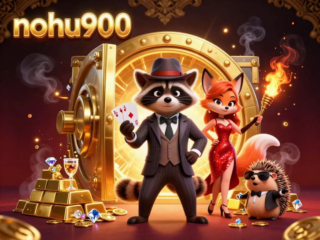Experience the thrill of nohu900 with this vibrant casino scene showcasing a raccoon, fox, and hedgehog amidst treasure and games.