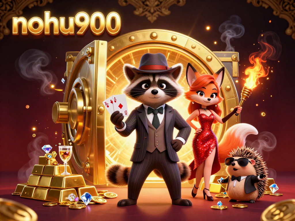 Experience the thrill of nohu900 with this vibrant casino scene showcasing a raccoon, fox, and hedgehog amidst treasure and games.