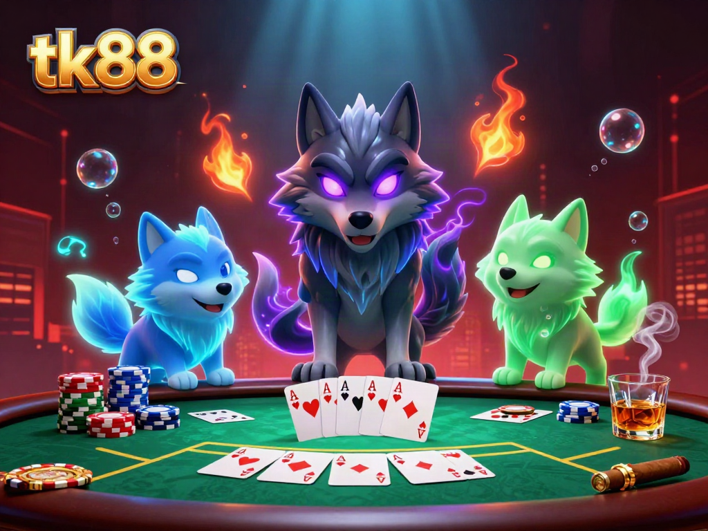 Engage in thrilling poker action at tk88 with ghostly wolf characters and vibrant casino elements.