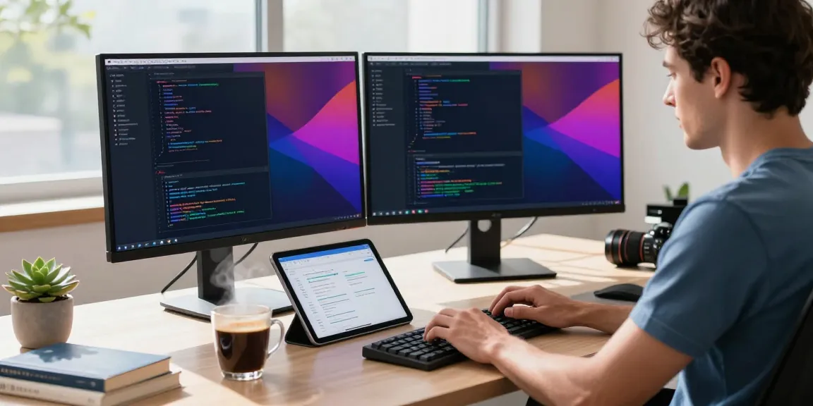 Developer using instant indexing tools in a modern tech workspace with dual monitors.